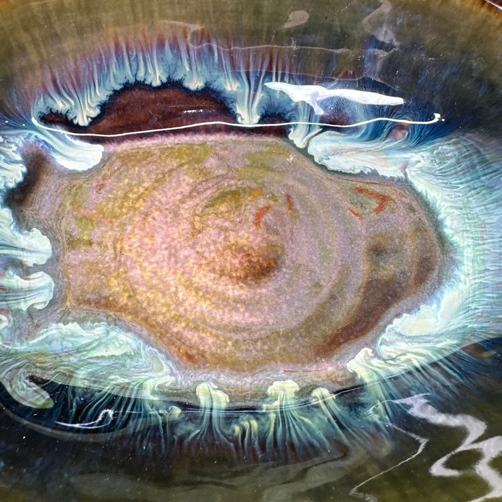 Bill Campbell Pottery Galaxy Glaze Oval Bowl Signed Studio Art Ceramic Blue